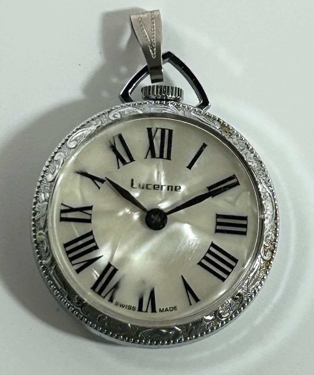Lucerne Pearl Faced Silver Toned  Pendant Women’s Pocket Watch READ untested